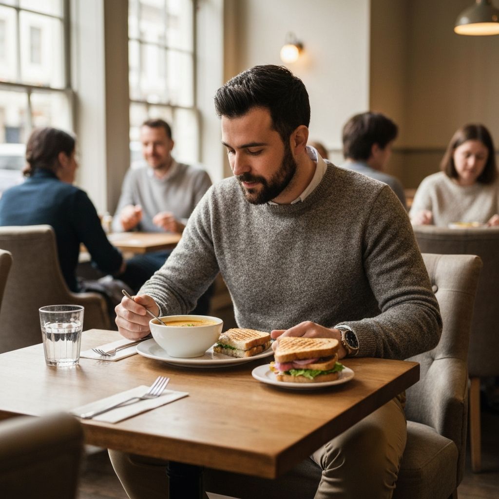 A person enjoying a relaxed lunch at a café, peaceful and present.