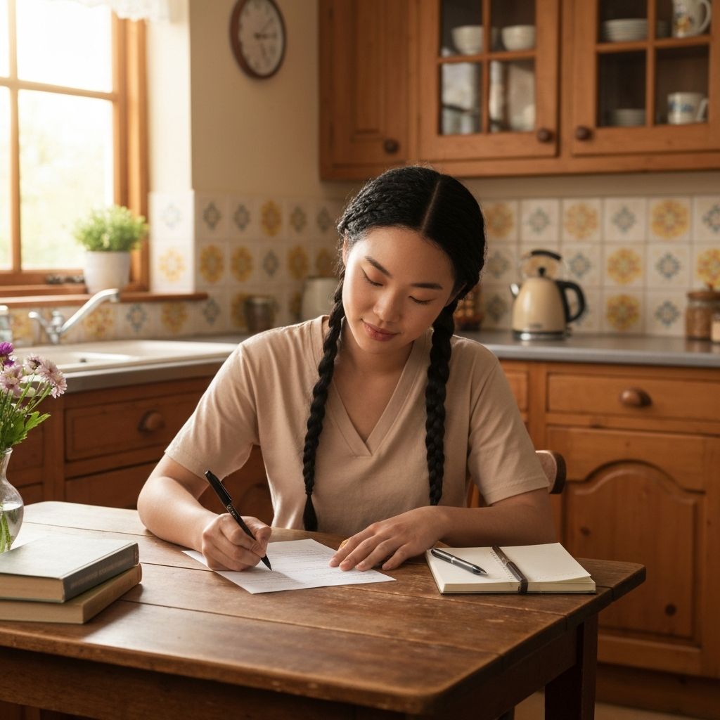 A person writing a shopping list at a kitchen table, organised and calm.