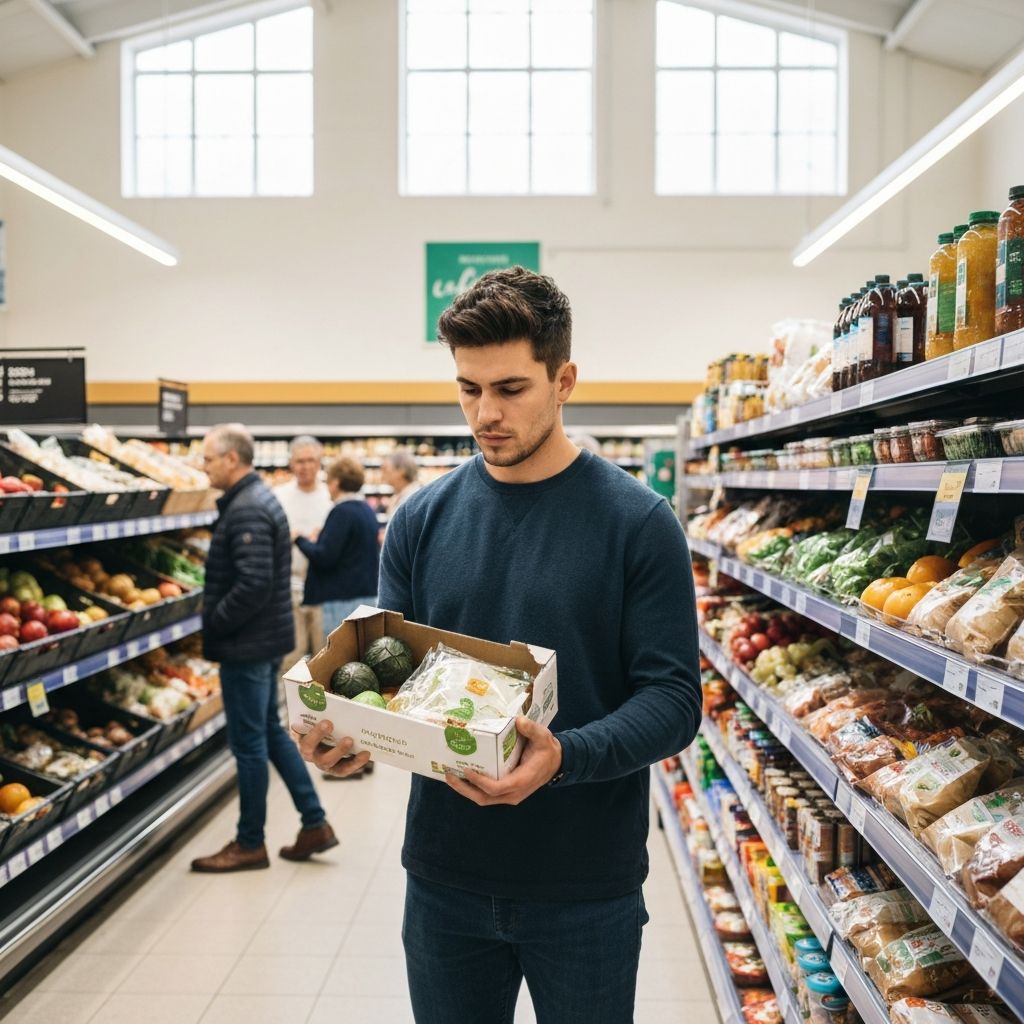 A person thoughtfully browsing a supermarket aisle, selecting healthy items.